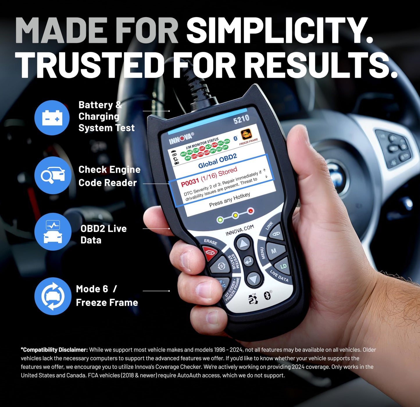 OBD2 Scanner & Engine Code Reader with Battery Test