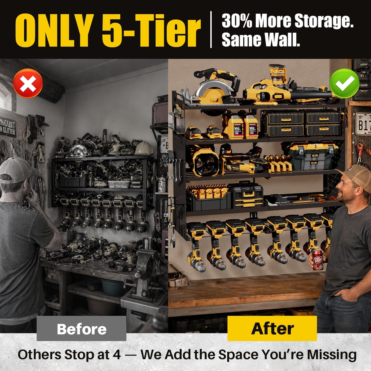 5-Tier Wall Mount Power Tool Organizer with Drill Holders